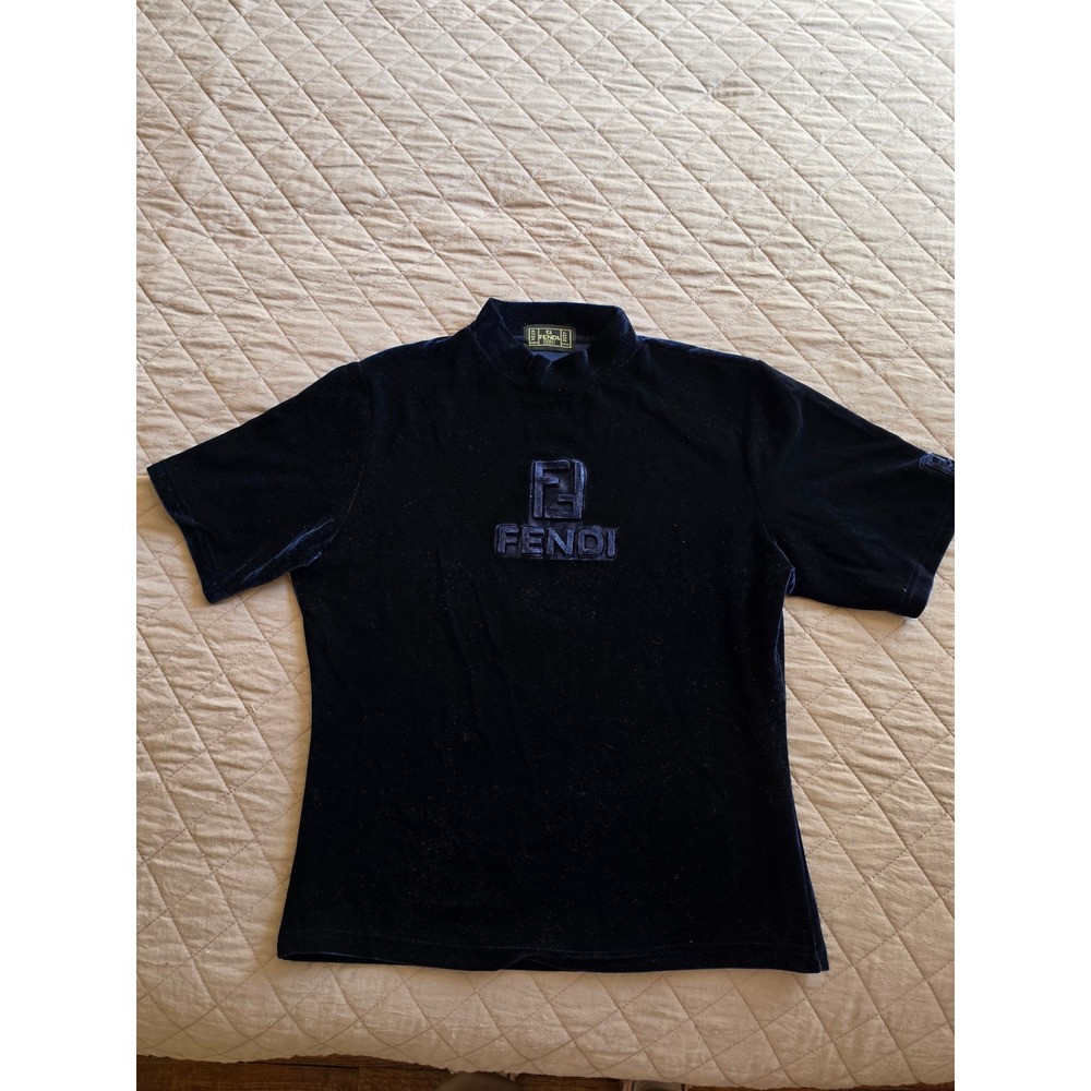 FENDI VTG Y2K Maximalist Velour Dark Purple Front Logo Short Sleeve Top sz M-L - Picture 7 of 7